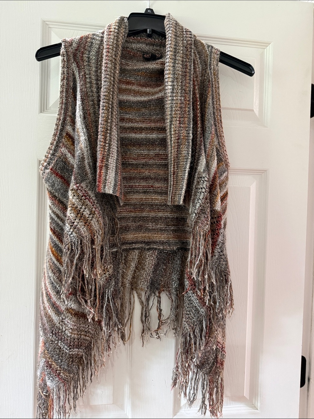 Striped Knit Fringe Open Vest in Neutral Multicolor